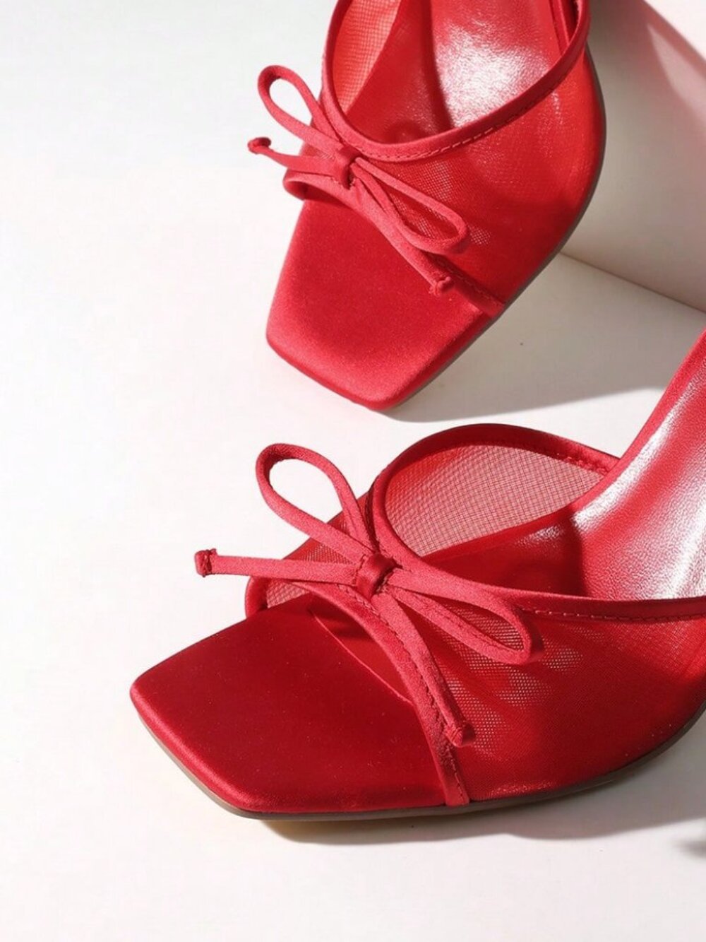 Red Glamorous Women's Stiletto Mule Sandals With Bow Mesh Decor - Picture 10 of 10